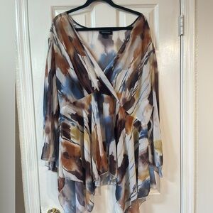Ashley Stewart Brown and Blue Abstract Blouse